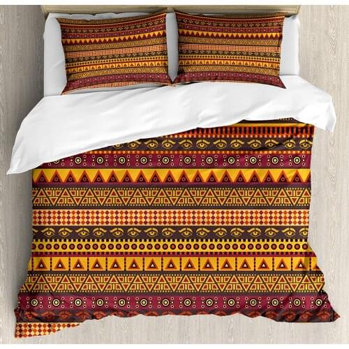 African Duvet Cover Set Exotic Culture Folkloric Eye Triangle Rhombus and Diamond Shapes Ethnic Decorative 3 Piece Bedding Set
