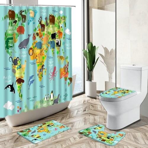 Cartoon Animal Map Child Bathroom Shower Curtain Set Fun Lion Elephant Giraffe Creative Home Decor Rug Toilet Cover Bath Mat