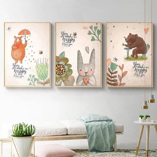 Nursery Wall Art Canvas, Rabbit And Bear, Red Heart, Cartoon Painting, Nordic Posters And Prints, Wall Pictures, Decor For Nurse