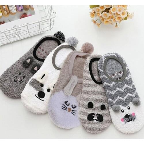 1Pair Lady Winter Fuzzy Warm Slipper Floor Socks Cute Cartoon Animal Embroidery Coral Velvet Hoisery Footlet Sock Warmer