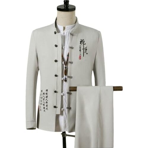 4XL Single Breasted Chinese Type Long Sleeve Tunic Jacket + Pants Wedding Suit For Men 2021 Streetwear 2pcs Office Wear XXXXL