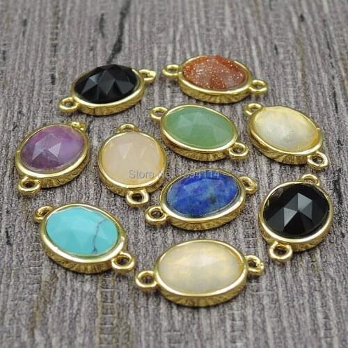 12*10*5mm Amethys t Gaventurine Black Agat e Faceted Point Oval Connectors Stones Glued On The Copper Settings Of Plating Gold