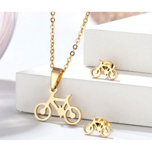 Stainless steel necklace earrings female mens classic bicycle pendant clavicle chain simple boyfriend boy jewelry set gift 2020