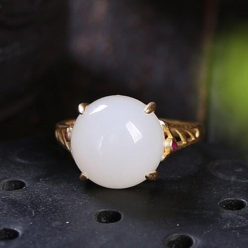 S925 Sterling Silver Inlaid Natural Hetian Jade And White Jade Semicircle Ring, Frosted Style
