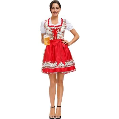 Traditional German Oktoberfest Costume Bavaria Munich Festival Carnival Red Floral Maid Dress