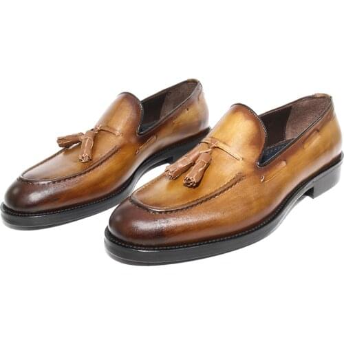 SHENBINS Handmade Tobacco Patina Tassel Loafers with Double Leather Sole, Mens Premium Classic Casual Party Shoes