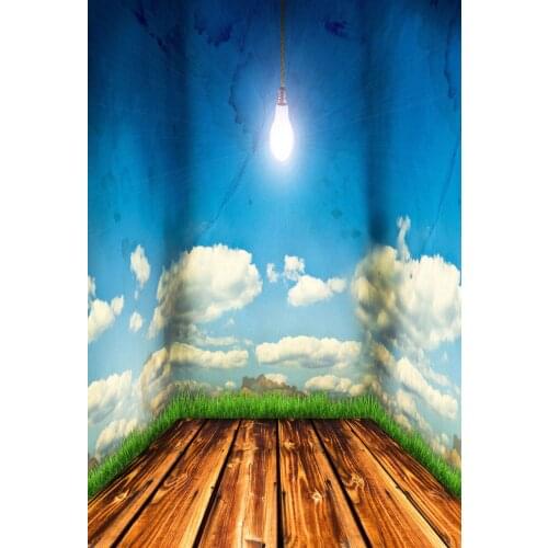 VinylBDS Backdrops Wood Floor Blue Sky White Clouds For Wedding No Wrinkles Background Green Newborn Backdrop