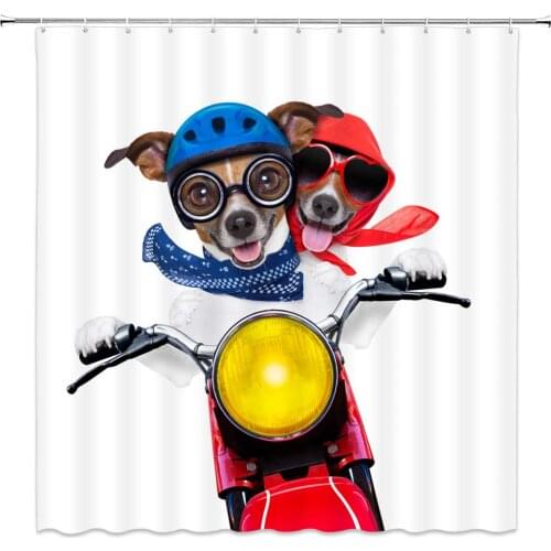 Funny Dogs Shower Curtain Dog Couple Driving Motorbike Romance Love Decor White Fabric Bathroom Curtains