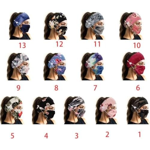 2Pcs Women Button Headband with Face Mask Floral Tie-Dye Protect Ears Headwrap