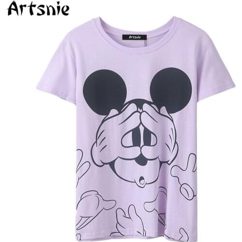 Artsnie mickey mouse cartoon t shirt women summer o neck short sleeve tops femme purple vintage casual disney t-shirts mujer