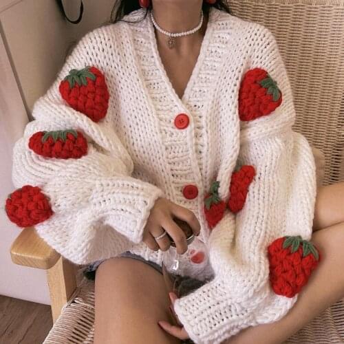Womens Winter Sweater Coat Thick Knitwear Strawberry Chic Crochet Tops Autumn V-neck Loose Vintage Casual Cardigan For Women