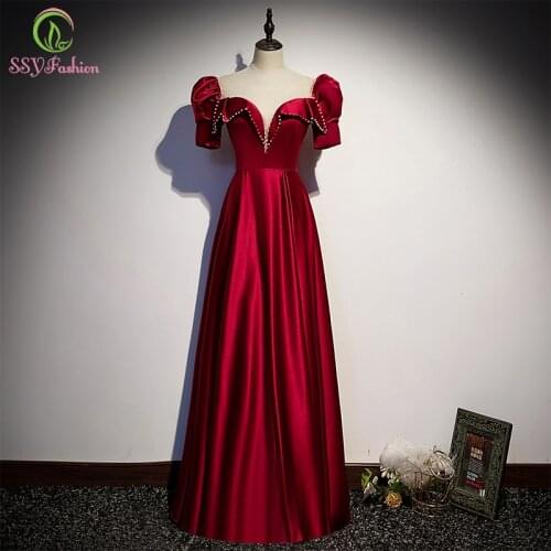 SSYFashion Elegant Wine Red Satin Evening Dress Puff Sleeve A-line Floor-length Pearls Beading Formal Gowns for Women Vestidos