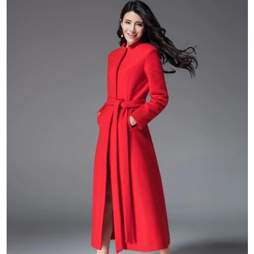 Womens woolen coatRed black wine red Full X-Long Slim