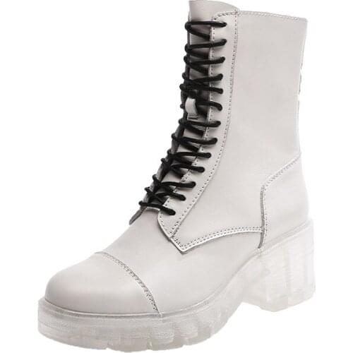 Winter Womens Shoes 2020 White Thick Heel Transparent Sole Boots Lace Up Womens Boots Q10-16