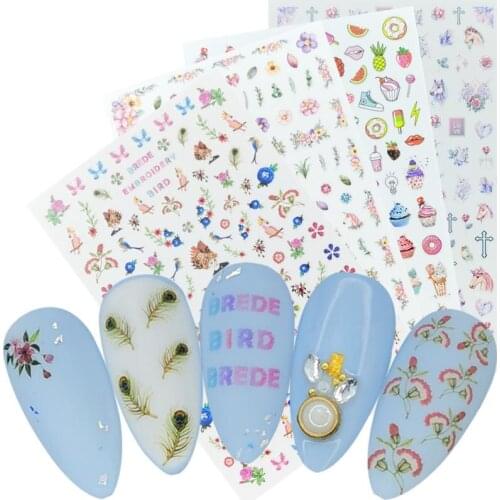 2021 New Arrivals Ultra thin Gummed 3D Nail Sticker Unicorn Cross Dessert Flower Feather Designs Decals Nail Art Slider Decora