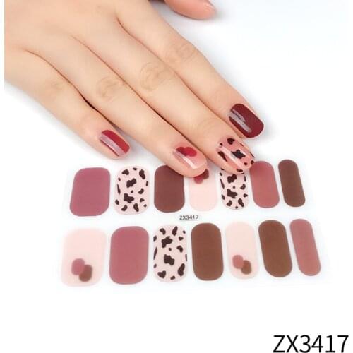 14tips Nail Polish Strips Waterproof Adhesive Cow Strawberry Pattern Fashion Nail Art Stickers Glitter Patch Decorations Supply