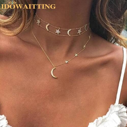 2019 New christmas gift moon star charm gold rose silver color choker double chain delicate sparking cz moon star charm necklace