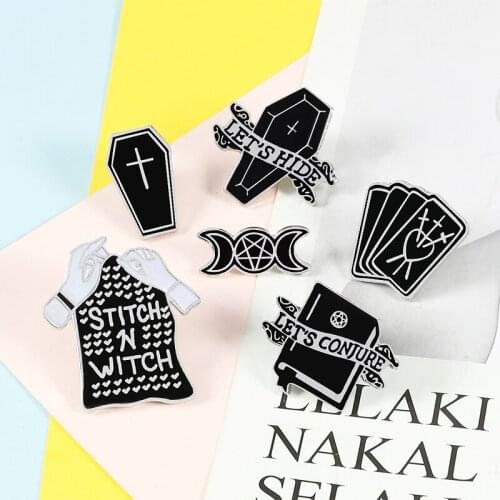 Black Witches Enamel Pins Lets Hide Play Magic Card Badges Brooches Lapel Pin Backpack Denim Accessories Halloween Jewelry Gift