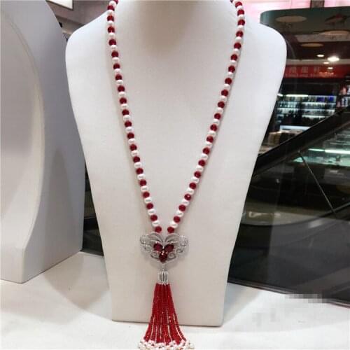 Hand knotted natural white freshwater pearl red glass long sweater chain zircon accessories necklace fashion jewelry