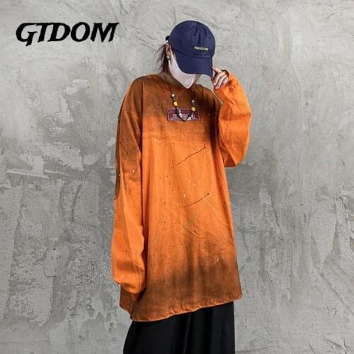 GTDOM Deep Black Hip Hop Spray Color Loose T-shirts Cotton O-Neck Long Sleeve Casual 2021 Autumn New Comfortable Men Clothing