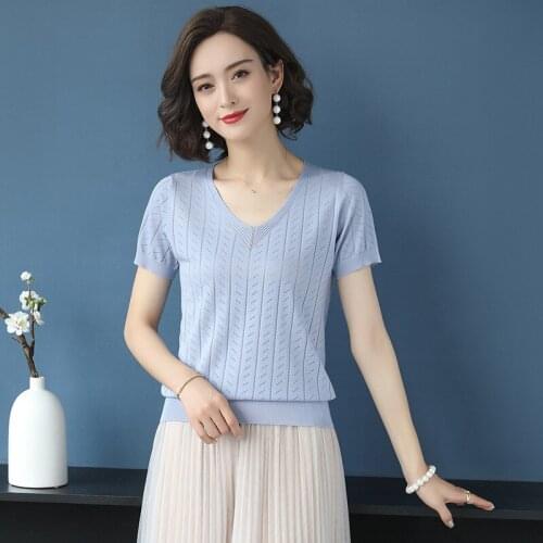 Korean Leisure T-shirt Women Thin Short Sleeve Round Collar Knitted T-shirts Female Summer Hollow Fashion Solid Color Top H9298