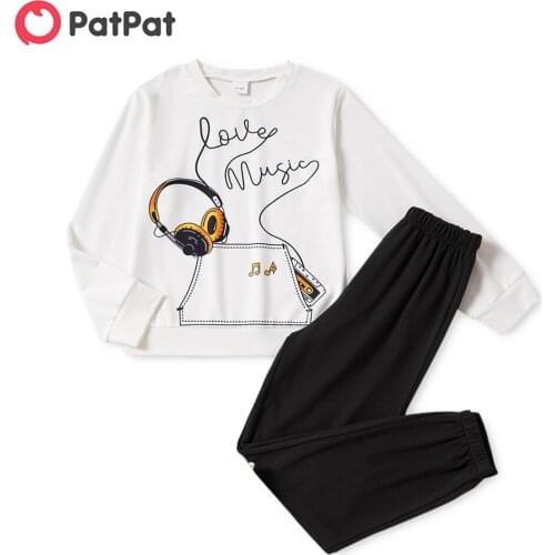 PatPat 2-piece Kid Boy Headphone Music Symbol Print Pullover and Elasticized Black Pants Set