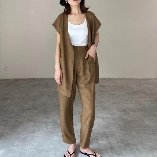 Two Piece Sets For Women Tapered Pants And Cardigan Vest Setup Commuter Plain Lady Fashion Straight Korea Style Casual Two Piece