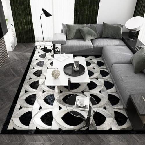 Hot Luxury Modern Pop Art Hand Stitching 100% Genuine Cow Leather Carpet Rugs Geometric Floor Mat Bedroom Decorative Area Rug