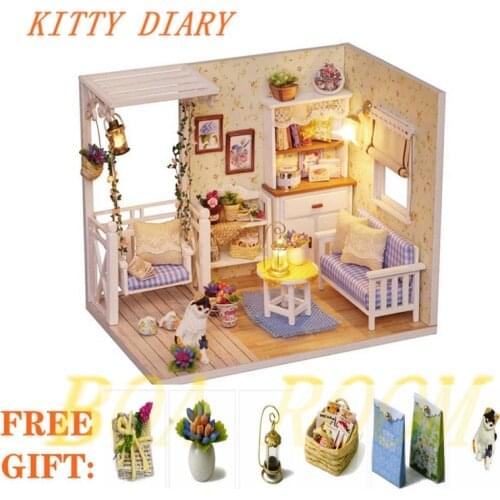 Doll Houses Miniature Dollhouse Furniture Kit Kitty diary Toys Christmas Gift Doll House DIY Hand Make Wooden Assemble H13