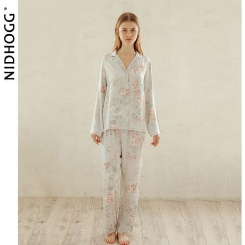 Summer Tribute Satin Flower Printing Pajamas Sweet Long-sleeved Sleepwear Loungewear Women Turn-down Collar Pyjamas Home Clothes
