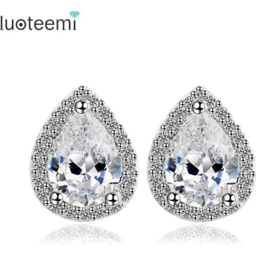 LUOTEEMI Brand Sell The Seed In Heart High Quality White Gold-Color AAA+ Waterdrop Cubic Zircon Stud Earrings for Women Factory