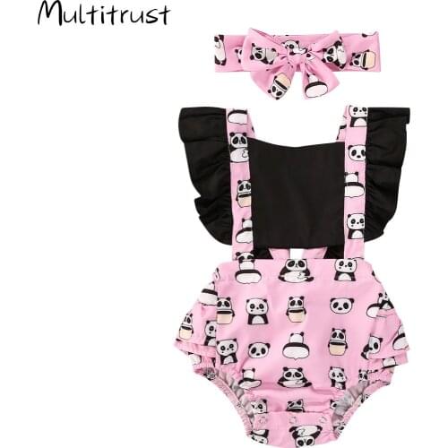 Multitrust 2020 Newly Summer Toddler Baby Girls Bodysuits Headband 2pcs Animal Print Ruffles Short Sleeve Jumpsuits