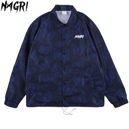 NAGRI Men Streetwear Butterfly Jackets Trench Coat Autumn Harajuku Hip Hop Windbreaker Casual Vintage Cargo Bomber Jacket