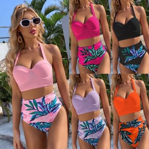 2021 new fashion sexy womans bikini set multicolor pink leaf print swimsuit Push Up High waist swimsuit women Bathing Suits