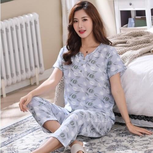 Mother Pajamas Spring Summer Short-sleeved Sleepwear Set Middle-aged Women Cotton Pijamas Suit Loose Lounge pyjama femme XL-4XL
