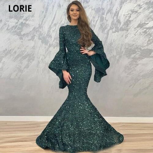 LORIE Dubai Arabic African Sequin Dark Green Evening Dresses Mermaid Long Sleeves O-Neck Prom Dress Formal Party Gowns Plus Size
