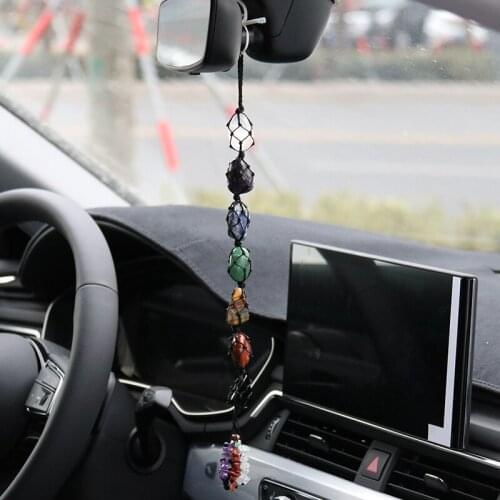Seven - Wheeled Jewel Tassel Spiritual Meditation Hanging Mirror, Birthday Gift Car Accessories Crystal Stone Home Decor