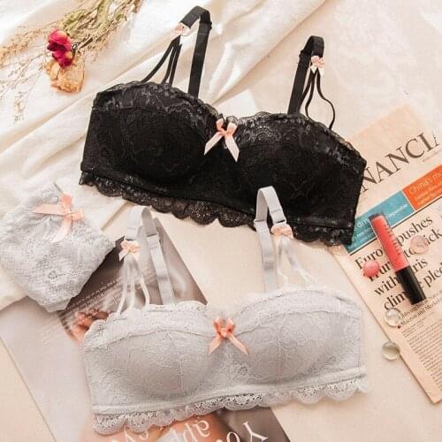 Wasteheart Women Fashion Purple Lingerie Lace Ruffle Straps Bralette Bow Soft Trim Padded Panties Push Up Wireless Bra Sets A B