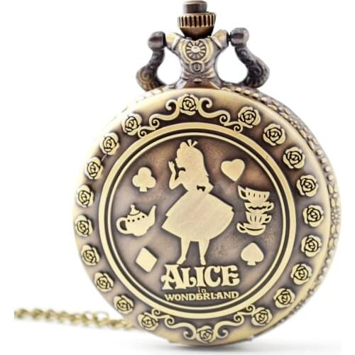 Movie Jewelry Alice In Wonderland Sweet Cartoon Fairy Goddess Clock Rabbit Charm Watch Pendant Necklaces For Women Girl Colar