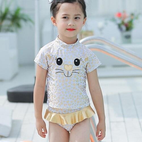 2-8 Years Baby Girls Swimsuits Cartoon Cat Leopard Print Style Children Swimwear Cute Toddlers Kids Hot Springs Bathing Suits