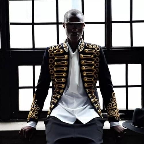 M-4XL Men blazer black gold embroidery coat Jacket Bar Male DJ Singer Slim Coat Stage Costume Plus Size