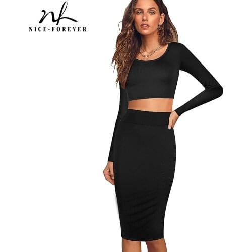 Nice-Forever Autumn Women Solid Color Cropped Set Sexy Club Party Bodycon Slim Skirt Suit bty688