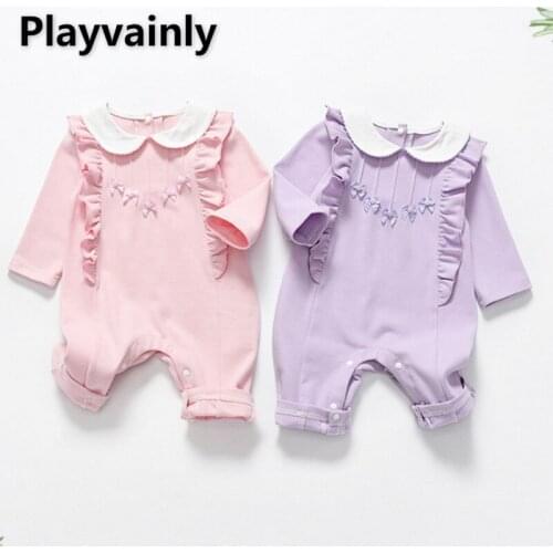 2021 Hot Sale Autumn Girls Romper Pink Purple Long Sleeves Peter Pan Collar Ruffles Bow Jumpsuit Newborn Princess Clothes E242