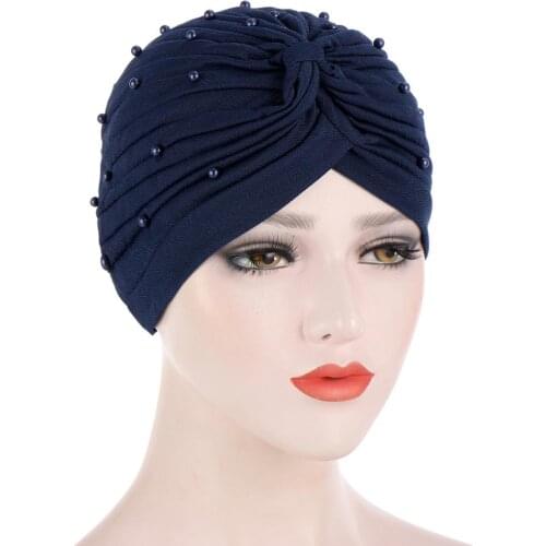 2020 Fashion Pearls Beading Women Turban Caps Stretchy Muslim Headscarf Bonnet Ready to Wear Hijab Caps India Africa Hat