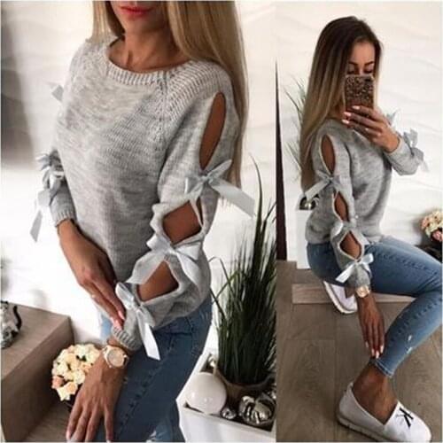 GAOKE New Women Bow Hollow Out Long Sleeve Warm Sweater Pullover Knitting Bow Loose O-Neck Tops Blouse Knitwear