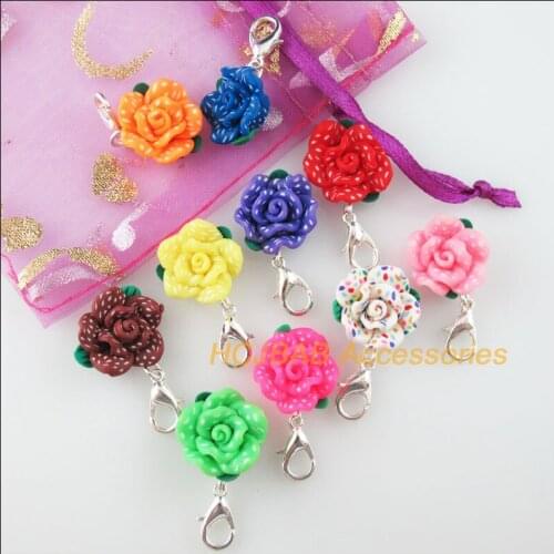 10 New Rose With Clasps Charms Silver Plated Clay Mixed