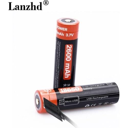 2PCS 18650 Battery Li-ion 3.7v USB Rechargeable batteries 18650 2600mAh Actual Capacity Micro USB DC-Charging Intelligent Cell