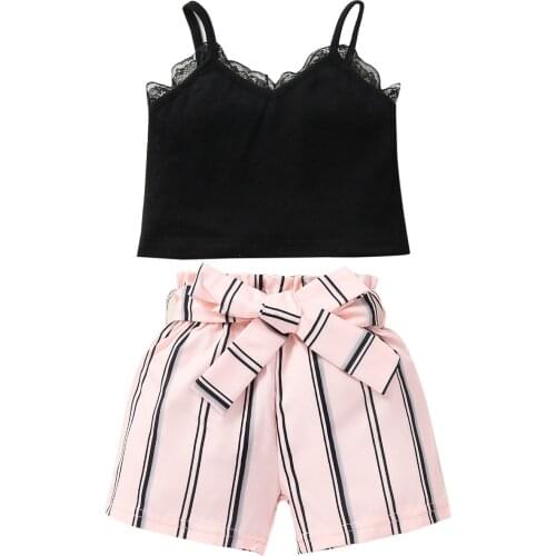 2021 Baby Baby Girls Clothes Set, Solid Color Sleeveless V-neck Cropped Tops with Lace+ Striped Short Pants 6M-3T