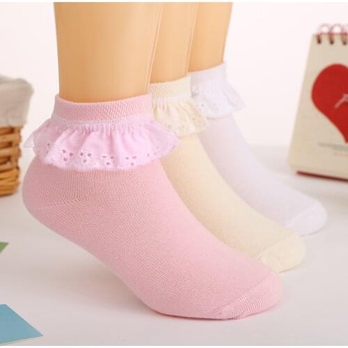 3 Pairs Autumn 1-11Y Kids Girls Socks With Lace Anti-slip Socks Breathable Mesh Short Socks White Pink Cotton Baby Princess Sock