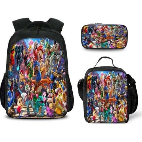 3PCS/SET New Super Smash Bros Print School Backpack for Teenage Girls&Boys Cute Student Kids Schoolbag Children Mochila